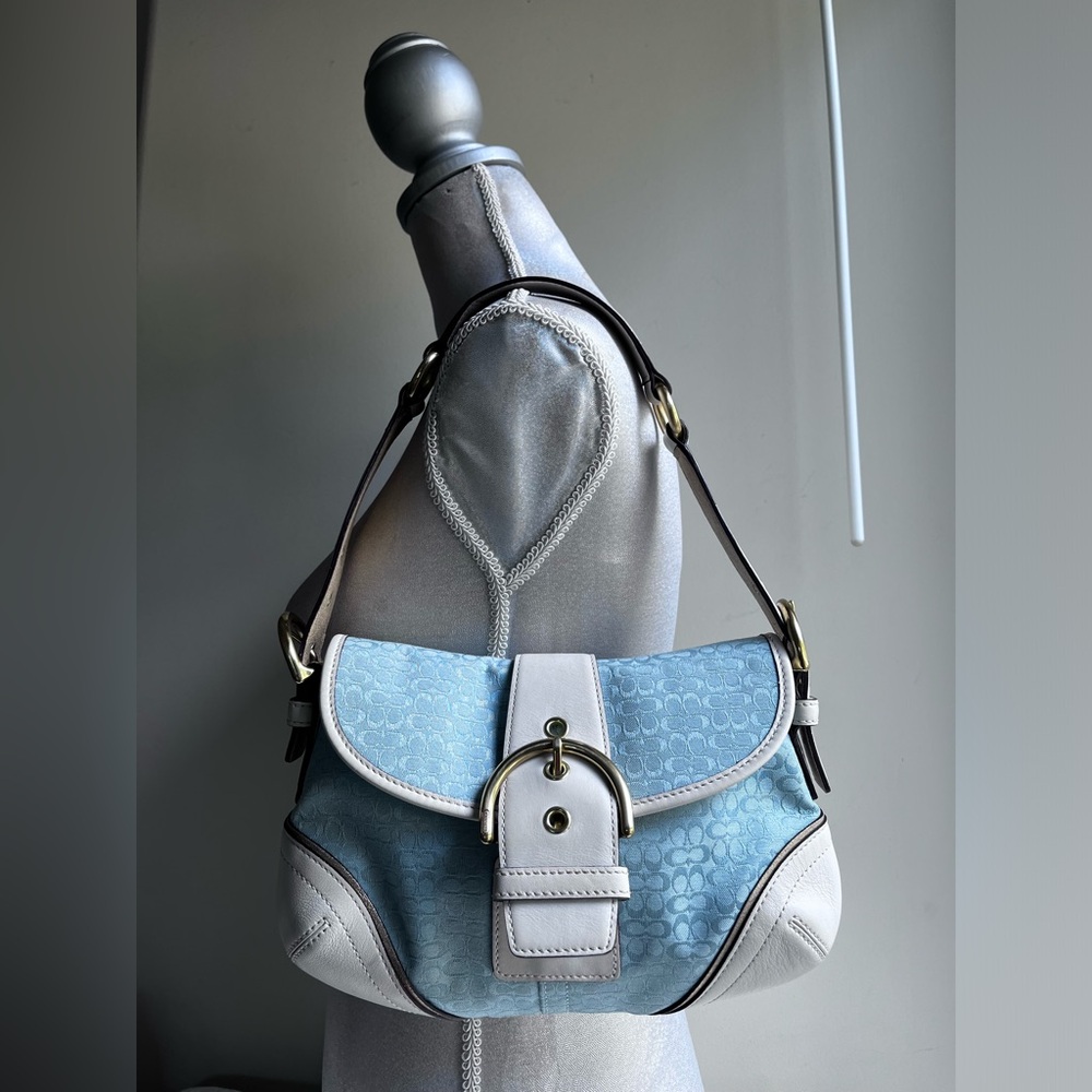 Coach Blue Signature Monogram Canvas and Leather Baguette Bag. COACH.